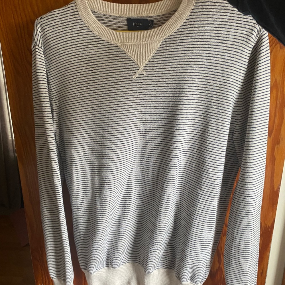 J Crew 100% Cotton Navy and Cream Fine Stripe Sweater - M
